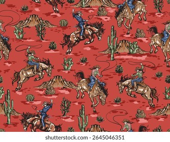Stylish western Cowboys rodeo  seamless  from wild west rural Landscape mountain farm vector illustration ,Design for fashion , fabric, textile, wallpaper , wrapping and all prints