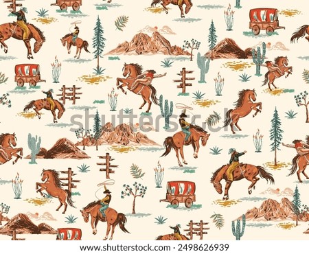 Stylish western Cowboys rodeo  seamless  from wild west rural Landscape mountain farm vector illustration ,Design for fashion , fabric, textile, wallpaper , wrapping and all prints