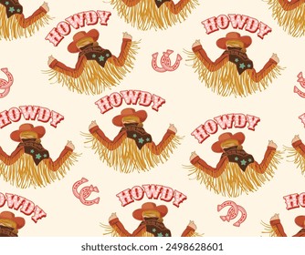 Stylish western Cowgirl rodeo  seamless  from wild west rural Landscape mountain farm vector illustration ,Design for fashion , fabric, textile, wallpaper , wrapping and all prints