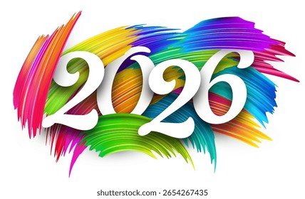 Elegante tipografía blanca de 2026 contra pinceladas multicolores dinámicas en blanco.