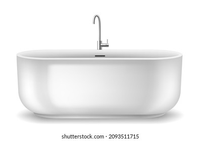 Stylish white bathtub from bathroom interior with steel faucet isolated on white background. Modern ceramic tub for apartment or house. 3d vector illustration