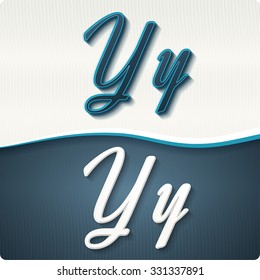 The stylish white and blue italic letters of the alphabet, three-dimensonail, with shadows. The capital letters "Y" and lowercase "y." Set, vector EPS10.