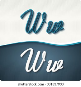 The stylish white and blue italic letters of the alphabet, three-dimensonail, with shadows. The capital letters "W" and lowercase "w." Set, vector EPS10.