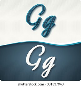 The stylish white and blue italic letters of the alphabet, three-dimensonail, with shadows. The capital letters "G" and lowercase "g." Set, vector EPS10.