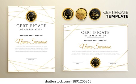 Stylish White Certificate Template With Golden Lines Design