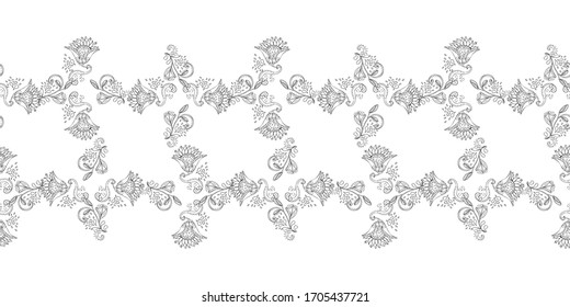 Stylish white floral kalamkari ornament pattern on black background. Vector surface design for fabric, apparel textile, book, interior, wallpaper