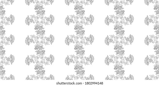 Stylish white floral kalamkari ornament pattern on black background. Vector surface design for fabric, apparel textile, book, interior, wallpaper