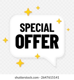 Elegante marco de burbuja brillante blanco con inscripción de OFERTA ESPECIAL, estrellas brillantes doradas alrededor. Ilustración vectorial.