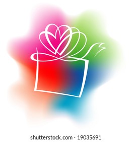 A stylish white line non-stop drawing and form a gift on a watercolor like background.