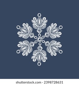 Stylish white quilling snowflake on a dark blue background. New Year's symbols. Paper technology of openwork weaving.