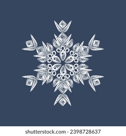 Elegante copo de nieve con edredón blanco sobre un fondo azul oscuro. Símbolos de Año Nuevo. Tecnología de papel para tejer a cielo abierto.