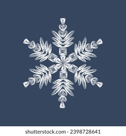 Stylish white quilling snowflake on a dark blue background. New Year's symbols. Paper technology of openwork weaving.