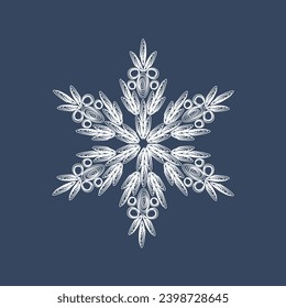 Elegante copo de nieve con edredón blanco sobre un fondo azul oscuro. Símbolos de Año Nuevo. Tecnología de papel para tejer a cielo abierto.