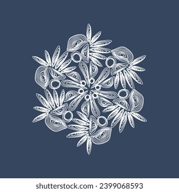 Elegante copo de nieve con edredón blanco sobre un fondo azul oscuro. Símbolos de Año Nuevo. Tecnología de papel para tejer a cielo abierto.
