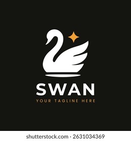 Elegante logotipo de cisne branco no fundo preto com um sotaque de estrela dourada. Design moderno, minimalista e elegante perfeito para marcas, moda, luxo ou indústrias de bem-estar.