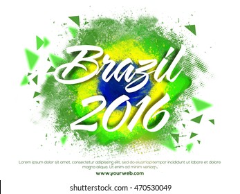 Stylish white text Brazil 2016 on Brazilian Flag colors abstract background, Can be used as Poster, Banner or Flyer design.