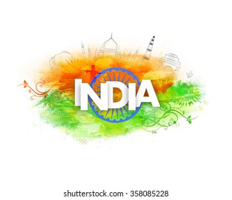 Stylish white text India with Ashoka Wheel on creative background for Happy Indian Republic Day celebration.