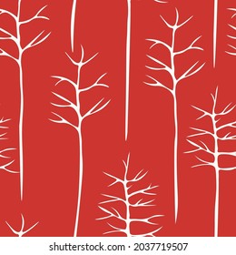 Stylish white tree without leaves  on red background. Seamless vector, hand-drawn pattern.Landscape winter texture for wallpapers, covers, fabric printing, digital paper, postcards, banners