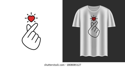 Stylish white t-shirt and apparel trendy design with Korean love sign. Textiles, t-shirts, web. Typography, print, vector illustration.