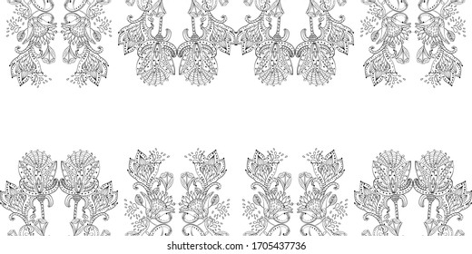 Stylish white vintage floral kalamkari ornament pattern on black background. Vector surface design for fabric, apparel textile, book, interior, wallpaper, phone case. Monochrome