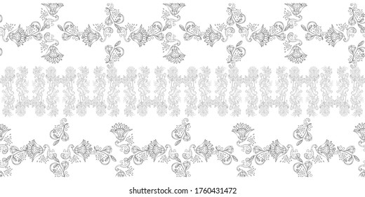 Stylish white vintage floral kalamkari ornament pattern on black background. Vector surface design for fabric, apparel textile, book, interior, wallpaper, phone case. Monochrome
