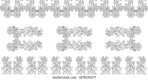 Stylish white vintage floral kalamkari ornament pattern on black background. Vector surface design for fabric, apparel textile, book, interior, wallpaper, phone case. Monochrome