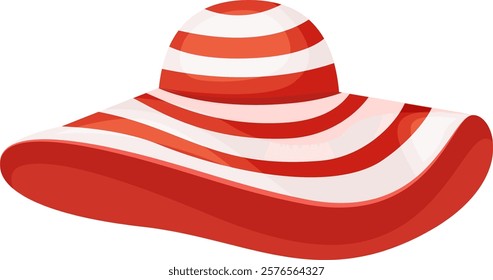 Stylish wide brimmed sun hat with red and white stripes, providing essential protection from the sun s rays during hot summer days at the beach or outdoor activities