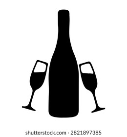 Stylish wine bottle with two glasses, perfect for celebrations, parties, or romantic dinners, emphasizing sophistication and enjoyment.