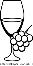 A stylish **wine glass with grapes line art illustration**, perfect for elegant designs. This minimalistic vector showcases a classic wine theme, ideal for labels, menus, and decor. Great for wineries
