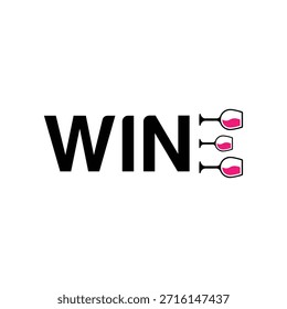 Stylish wine glasses and WIN text on white background