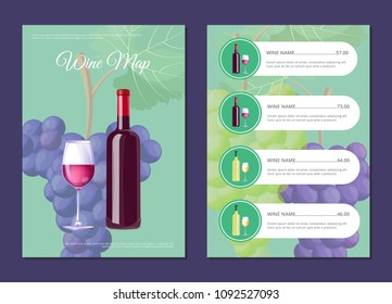 Stylish wine map cover and page with prices. Bottle and glass of red vino on front and price list. Delicious alcohol drinks menu vector illustration