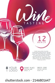 Stylish wine tasting poster with glasses and abstract liquid background, template for wine event poster, trendy gradient with drops on white background