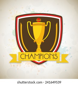 Stylish winning shield for Cricket on color splash background.