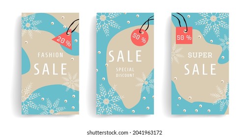 Stylish winter banners for greeting posts and sales on social networks, mobile advertising on websites. Сhristmas and new year discounts background for online store, web page. Vector illustration