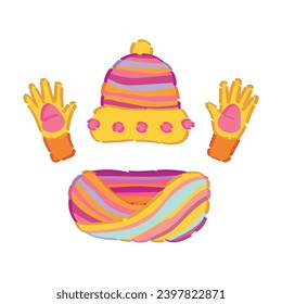 Stylish winter hat, gloves and scarf for children on white backg