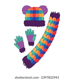 Stylish winter hat, gloves and scarf for children on white backg