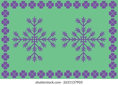 Stylish Winter Pattern with Purple Snowflakes and Clovers on a Teal Background.