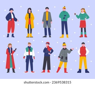 Gente de invierno elegante. Personajes de moda de temporada nevada, hombres y mujeres felices usan ropa de abrigo y accesorios. Espléndida serie vectorial de moda para adolescentes