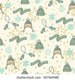 Stylish Winter seamless pattern with hats, gloves and scarfs. Seamless pattern can be used for wrapping paper, pattern fill, web page background.