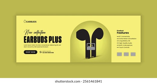 Stylish wireless earbuds plus social media cover banner design or product super sale web banner design template , Modern and stylish Earbuds  sale horizontal banner design template 