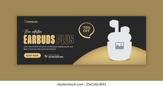 Stylish wireless earbuds plus social media cover banner design or product super sale web banner design template, Modern and stylish Earbuds sale horizontal banner design template 