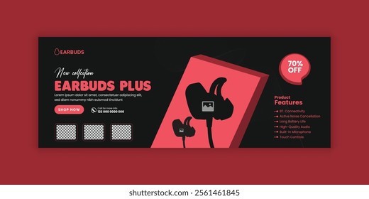 Stylish wireless earbuds plus social media cover banner design or product super sale web banner design template , Modern and stylish Earbuds headphone sale horizontal banner design template 