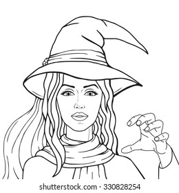 Stylish witch in hat and scarf outlined, isolated on white background, vector halloween pop art comic style illustration