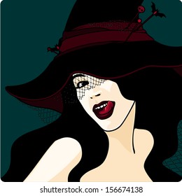 Stylish witch in a hat with a veil