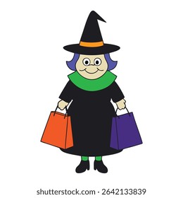 A stylish witch struts with shopping bags in hand, her pointed hat tilted just right—spells and sales in perfect balance on a magical shopping spree!