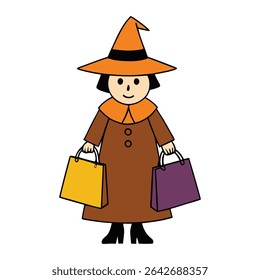 A stylish witch struts with shopping bags in hand, her pointed hat tilted just right—spells and sales in perfect balance on a magical shopping spree!
