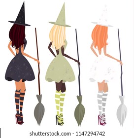 Stylish witches in hats and with brooms. Three girls for halloween party. Vector illustration.