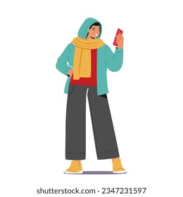 Stylish Woman In Autumn Attire, Holding A Smartphone. Female Character Embracing The Season With Cozy Sweater, Boots, And A Scarf, While Staying Connected On The Go. Cartoon People Vector Illustration