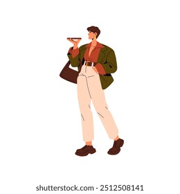 Stylish woman with bag calls by mobile phone. Fashion girl with short hair talks by smartphone. Person in oversize jacket holds telephone, chats. Flat isolated vector illustration on white background