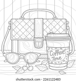 Stylish woman bag with simple striped patterns, cup of coffee take away, glasses, cherries, leaves. Fashion isolated illustration on a white background. For coloring book pages.